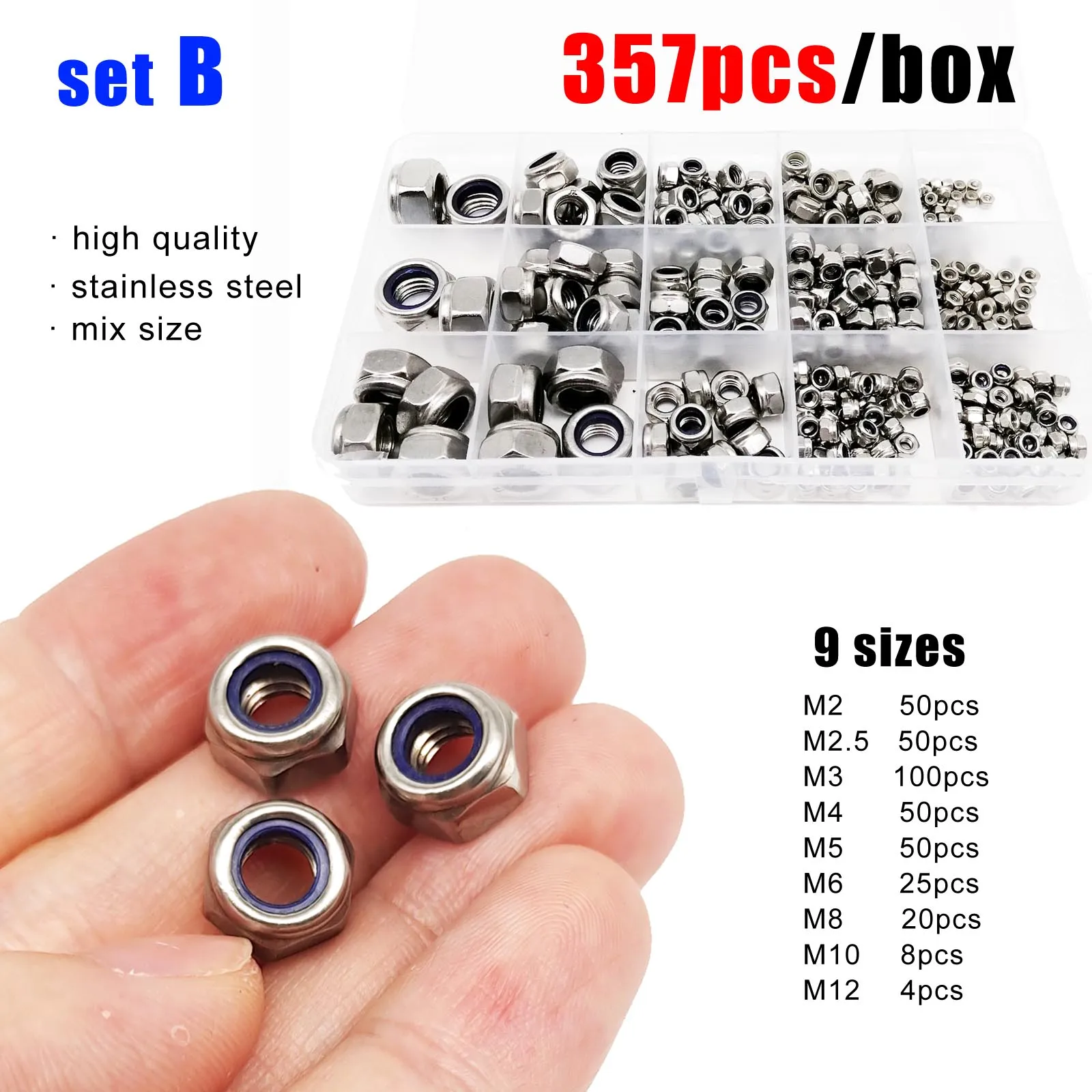 357/200/162pcs ผสม M2 TO M12 ชุด DIN985 304 A2 สแตนเลสสตีลหกเหลี่ยมไนลอนใส่ล็อค NUT HEX Self Locking Nylock Locknut 1