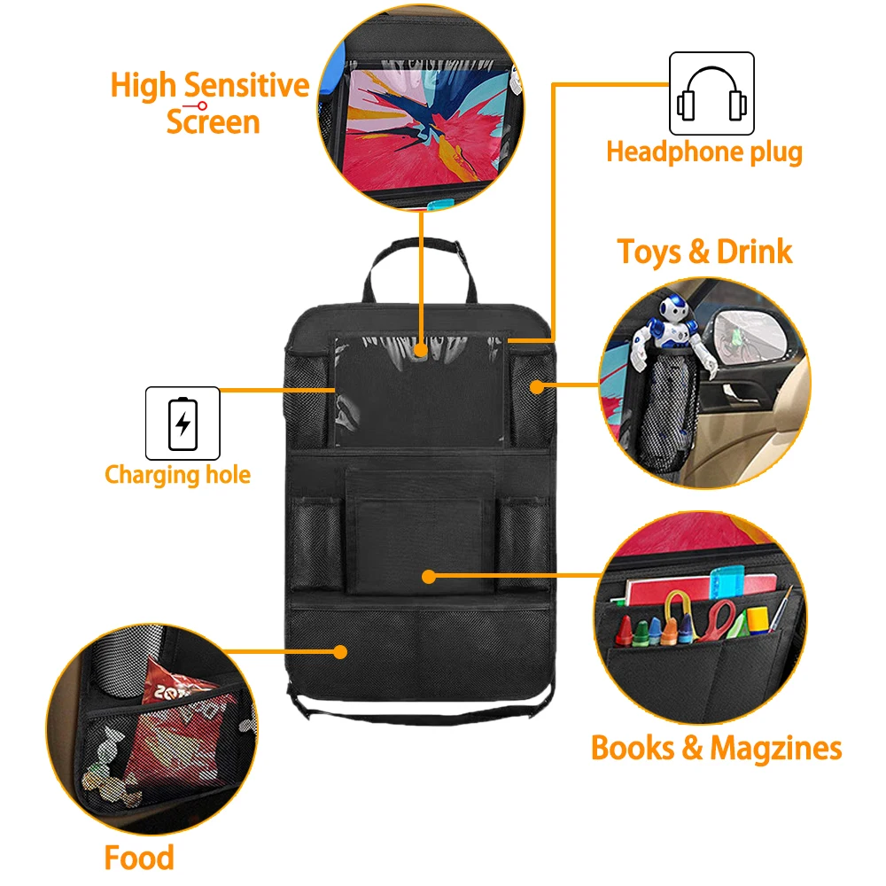 Car Backseat Organizer with Touch Screen Tablet Holder Auto Storage Pockets Cover Car Seat Back Protectors for Trip Kids Travel