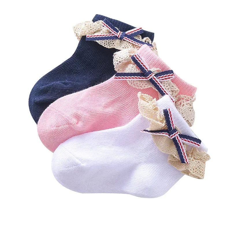 Children's Lace Bow Embroidery Spring Summer Autumn Baby Princess Korean Fashion Girls Lace Short Boneless Cotton Socks