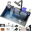 Kitchen Sink, Drop In Waterfall Sinks Workstation with Faucet Combo and Sink Cup Washer Stainless Steel Single Bowl Modern Smart 1