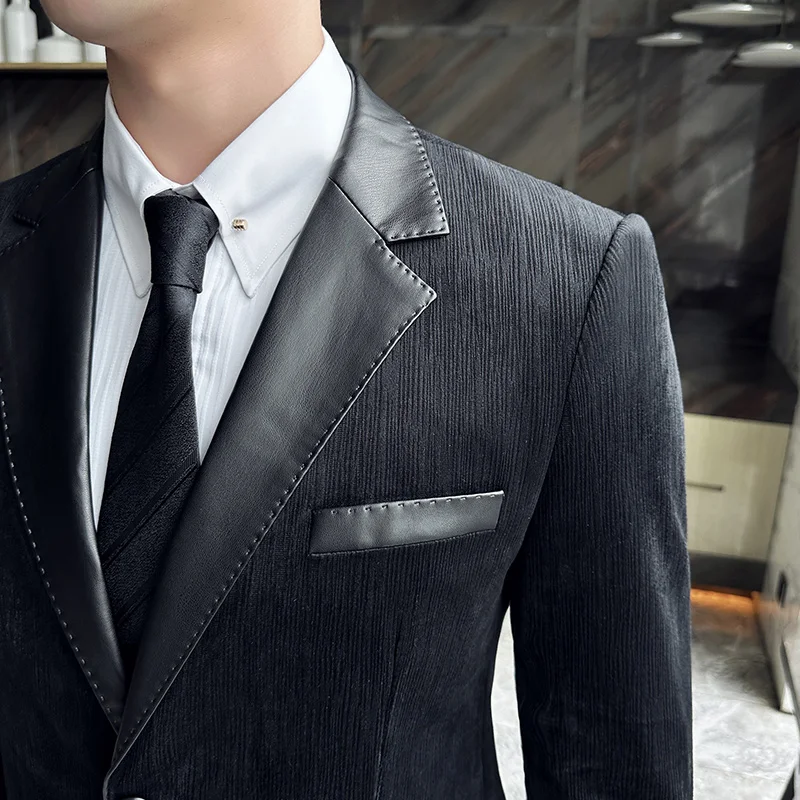 남성용 스웨이드 세트 재킷, 질감 감각, 두꺼운 가죽 스플라이싱 블레이저 재킷 및 코트, 3XL-M, 겨울 의류