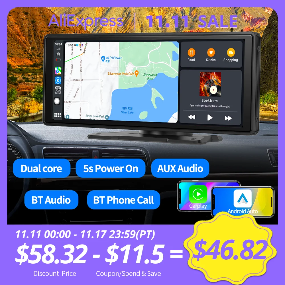10.26 "Dash Cam Wireless Carplay Android Auto 2K Posteriore Cam Car Dvr Navigazione Gps Aux Bluetooth Audio Bt Telefonata Cruscotto