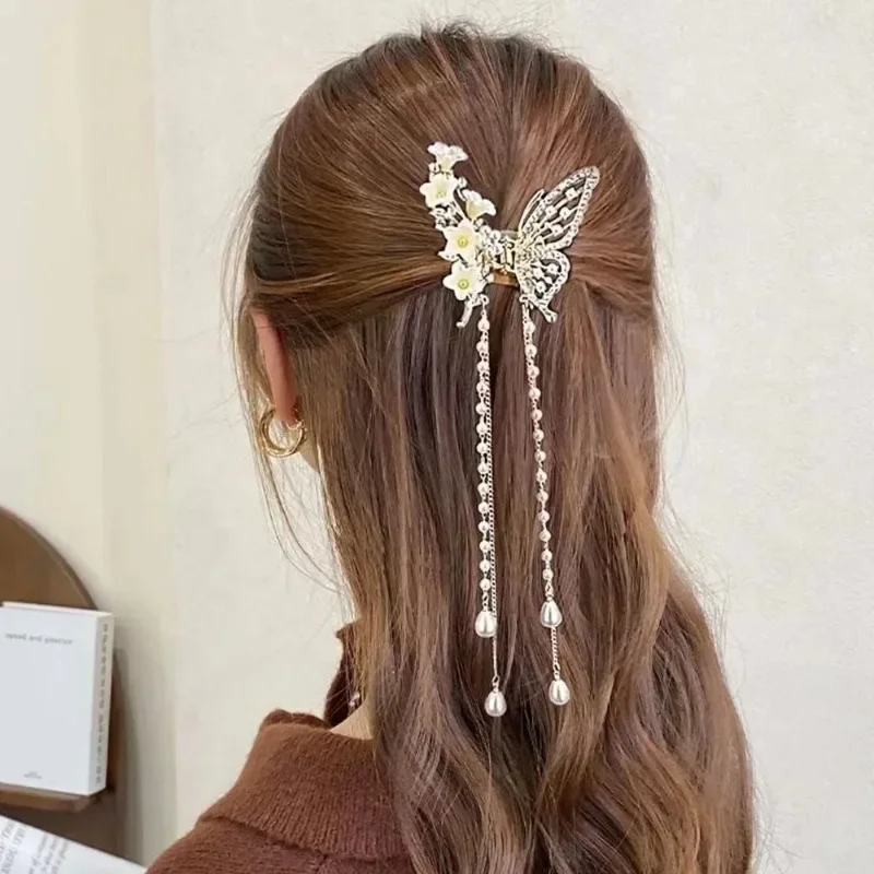 New Butterfly Tassel Pearl Hair Claw Women Elegant Rose Flower Hair Clip Female Exquisite Ponytail Claw Clip Заколка Зажим