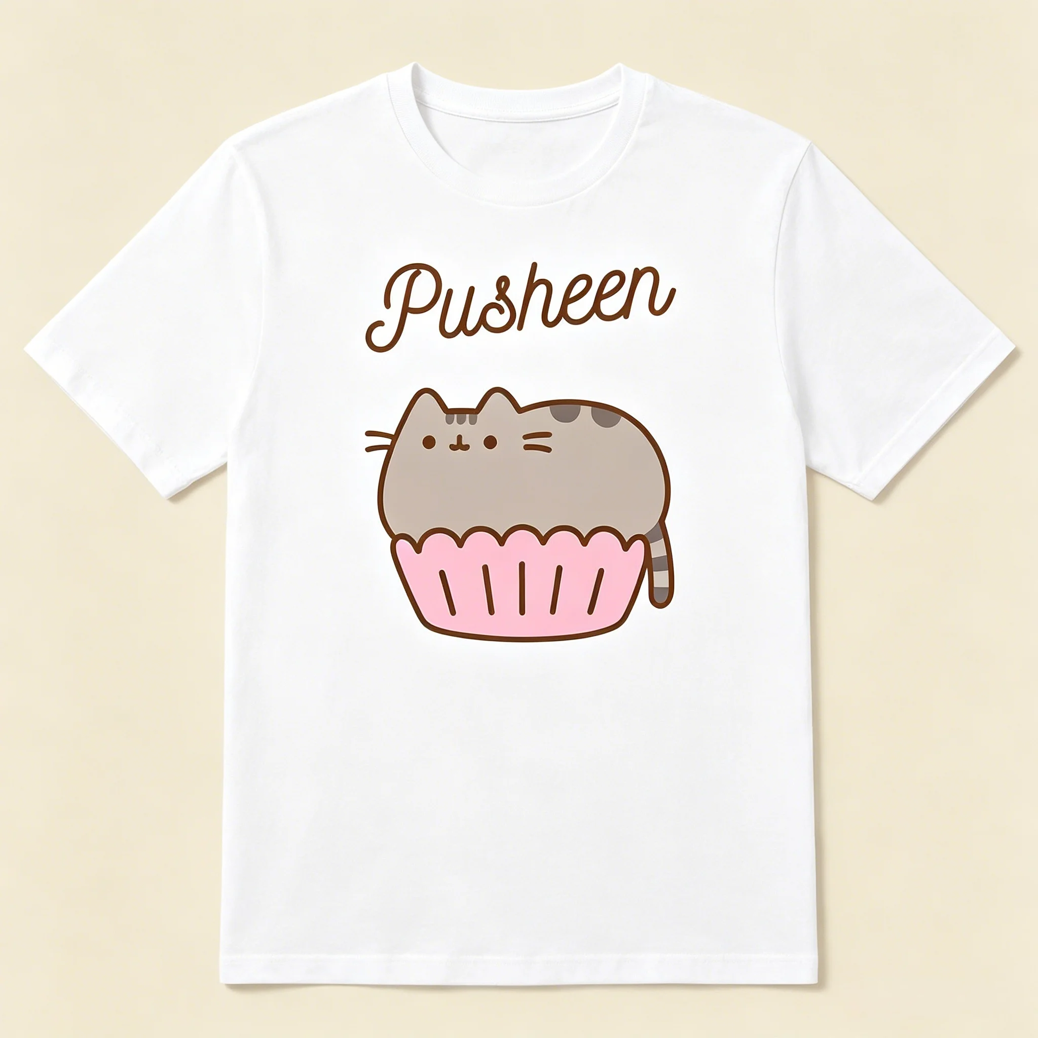 Pusheen Katze Reines Baumwoll-T-Shirt mit Katzenmuster Bedruckte Kleidung 2026 Sommer Übergroße Herren- und Damen-Streetwear Y2k-Stil