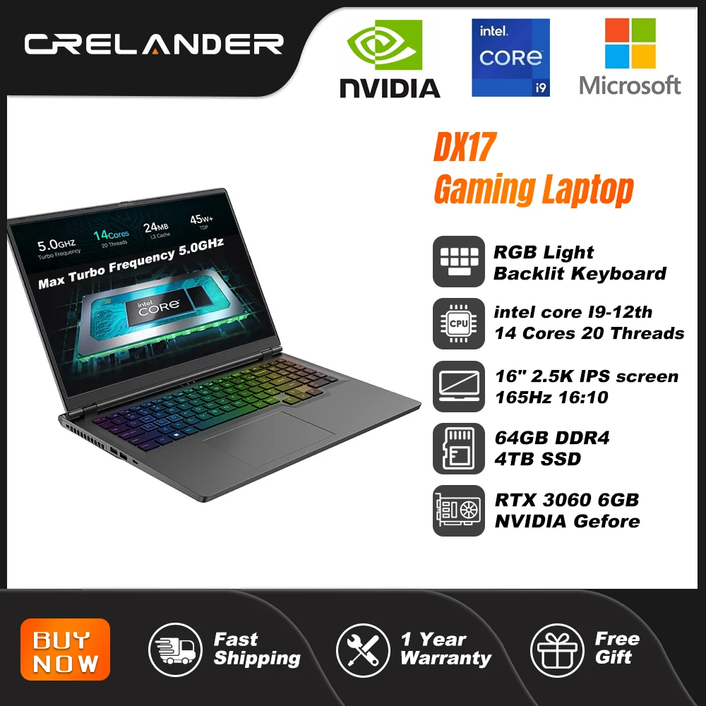Crelander Laptop Gamer 16 Pollici Processore Intel Core I9 2.5K Schermo Ips 165Hz Rtx 3060 6G 4Tb Ssd Notebook Gaming Laptop