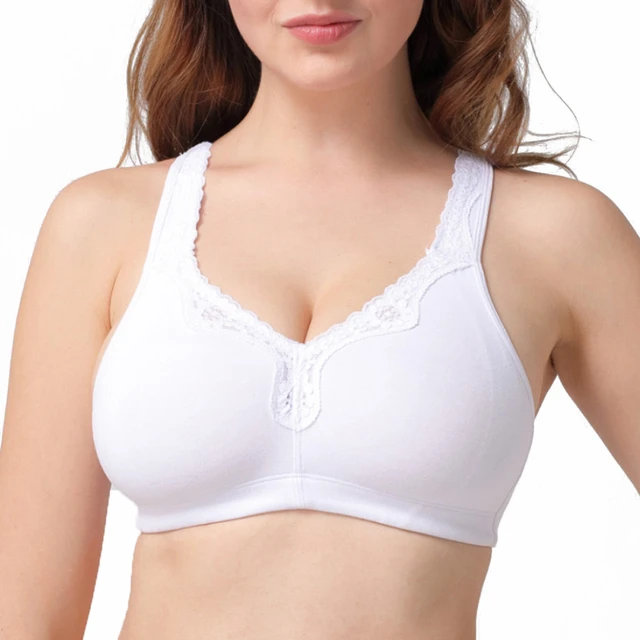 Womens Plus Size Soft Cotton Lace Bra Full Coverage Wirefree Non-Padded 52A  Beige