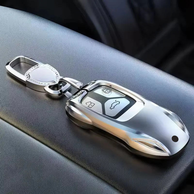 ontto autosleutelhoes geschikt voor Audi Q3 A4 B9 A5 SQ5 Sportback Q5 Q7 SQ7 8W S4 S5 TT TTS 8S RS TFSI zinklegering lederen beschermhoes sleutelafdekking sleutelhanger 3 knoppen accessoires-A bruin