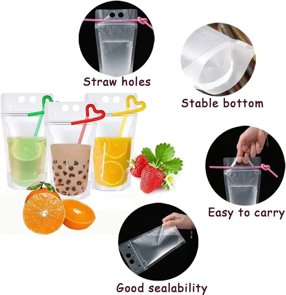 Drink Pouches reusable drink pouches Juice Bags Reusable Drink Cocktail Smoothies Pouches For Party Summer Fun Bags With 50 Straws 50 Pcs