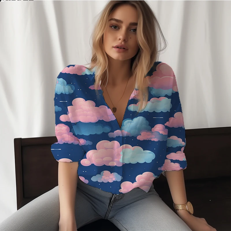 

Summer new lady shirt cloud 3D printed lady shirt cute casual style ladies shirt fashion trend high -quality lady shirt