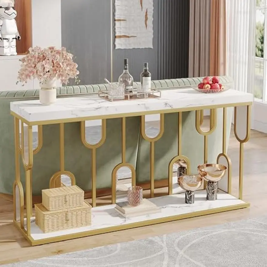 

Console Table with Storage Shelves for Entryway, Faux Marble MDF Counch with Golden Metal Frame, Modern 2-Tier Sofa Table