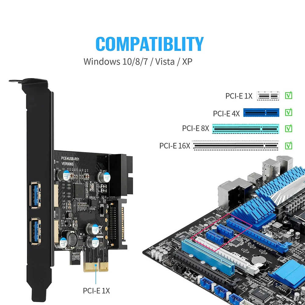 드라이브 CD가 있는 데스크탑 PC용 USB 3.0 확장 카드, PCI-E 2 포트 PCI Express 확장 카드, 19 핀 전원 커넥터