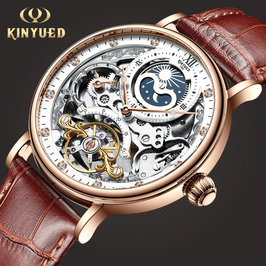 KINYUED Waterproof Mens Tourbillon Skeleton Watches Top Brand Luxury Transparent Mechanical Moon phase Sport Male Wrist Watches