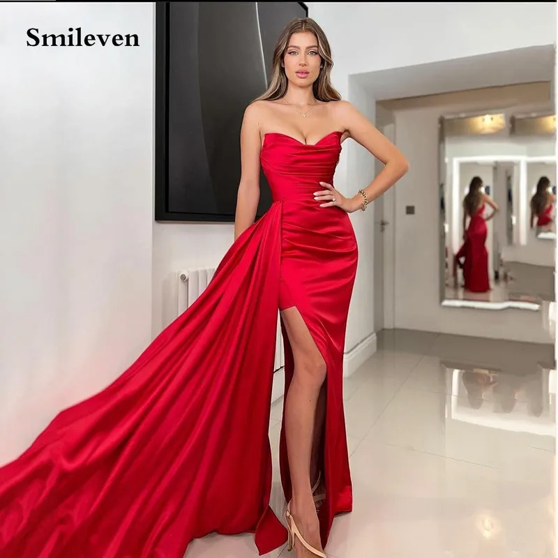 

Smileven Red Satin Pleats Evening Dress Strapless V Neck Prom Dresses High Side Split Celebrity Party Gowns 2022