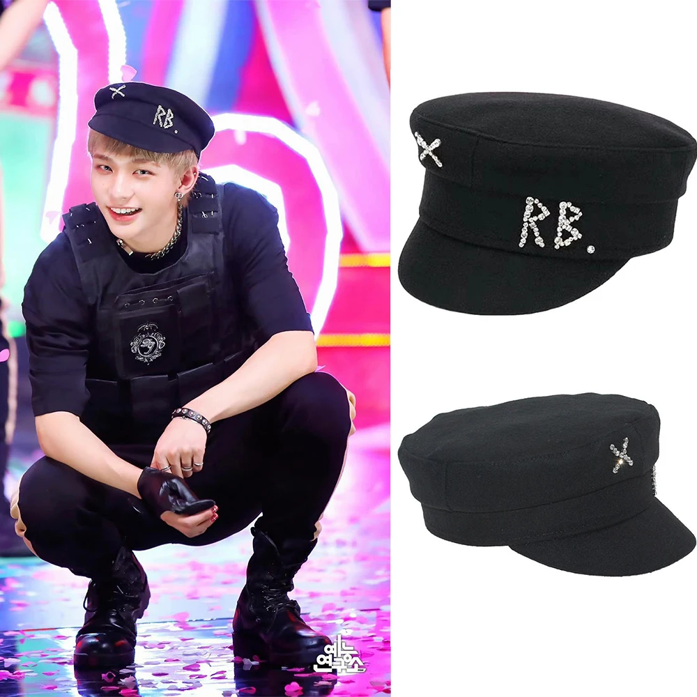 

KPOP Stray Kids HyunJin MAXIDENT Rhinestone Peaked Cap Woolen Navy Beret Hat Retro Fashion Octagonal Hat Fans Birthday Gifts