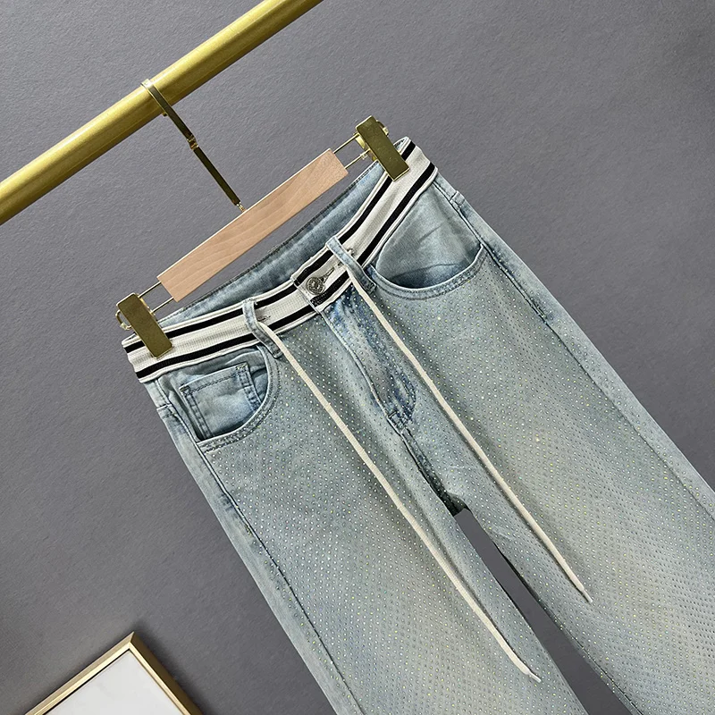 Women's Trousers 2023 Spring and Summer New High Waist Loose and Slimming Jeans Heavy Embroidery Hot Drilling Wide Leg Mop Pants