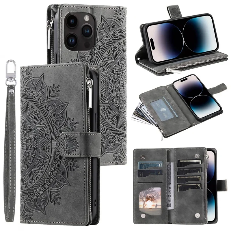 thumbnail image 1 of Funda de cuero con tapa cruzada para iPhone, 15, 14 Pro Max, 13, 12, 11, X, XS, XR, SE, 2022, 8, 7 Plus, funda larga con cordón y cremallera para tarjetas, 1 of 5