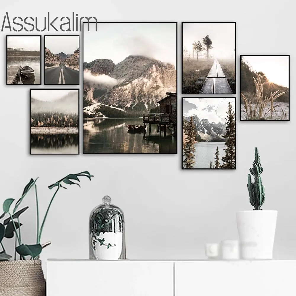 Lake Bridge Wall Art Road Highway Print Pictures Forest Mountain Canvas Poster Reed Boat Art Prints Nordic Poster Home Decor