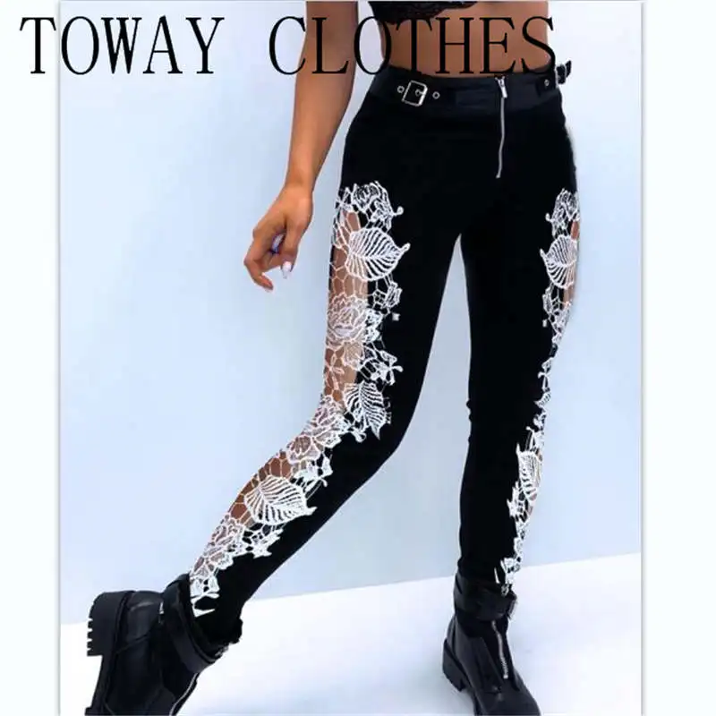 

Women Eyelet Buckled Lace Patch Zipper Design Pants Spring Autumn Sexy Skinny Long Pants Casual Trousers Female