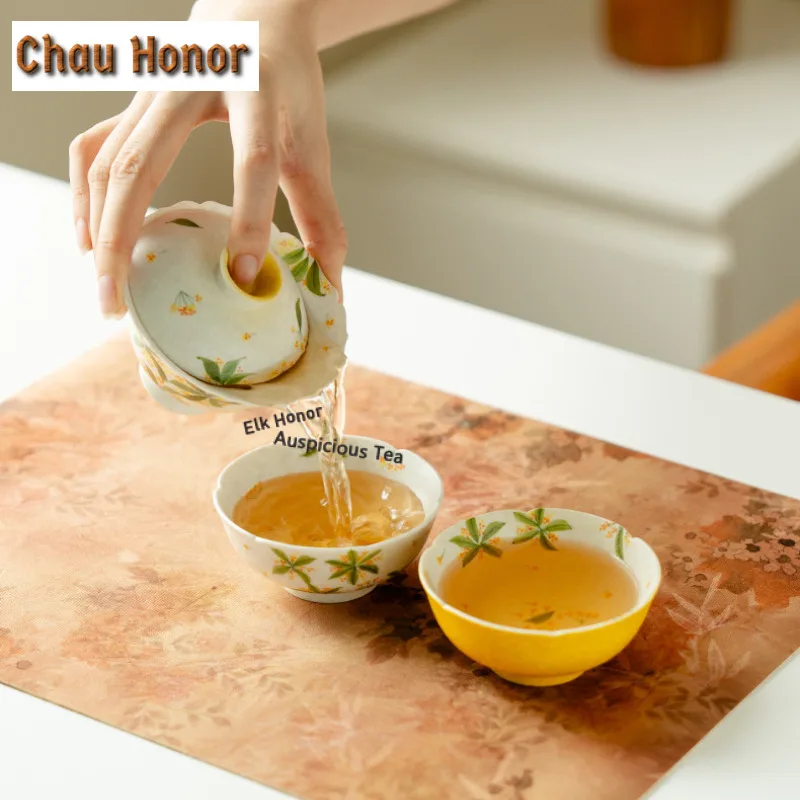 Hand-painted Osmanthus Flowers Travel Tea Set Kit Antique 1 Pot 2 Cups Household Tea Brewing Organizer Portable Outdoor Handbag
