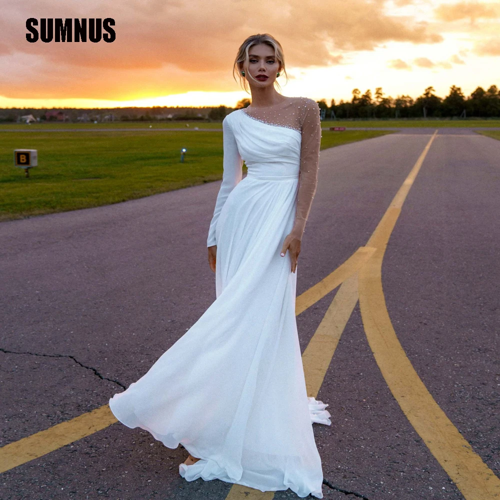 

SUMNUS White Chiffon Bridal Wedding Dresses Long Sleeves Jewel Neck Front Slit Marriage Gowns for Bride Beaded Bridal Dress