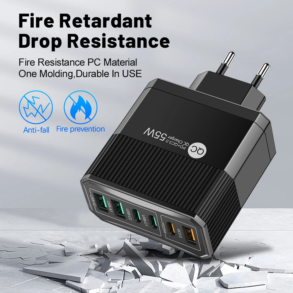 55W 6-Port PD USB C Charger Fast Charging QC3.0 Travel Charger For iPhone Samsung Huawei Xiaomi Phone Charger Plug Wall Adapter
