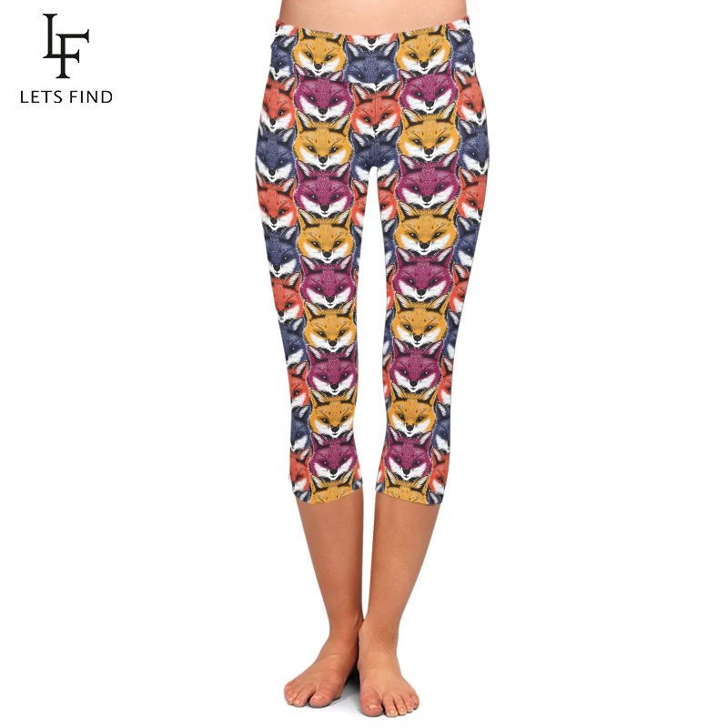 

LETSFIND Summer High Waist Women Capri Leggings Colorful Fox Print Soft Fitness Stretch Mid-Calf 3/4 Pants