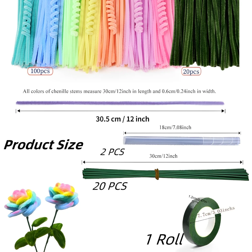 120PCS DIY Crafts Pipe Cleaner Chenille Stems Kits for Flower Making, Artificial Rose Bouquets for Party Home Decoration