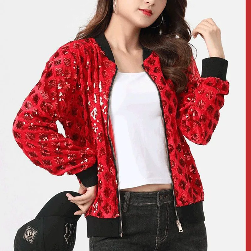 

Spring Autumn Heavy Industry Sequins Jacket 2024 New Fashion Casual Long Sleeve Baseball Uniform Women's Coat Y85