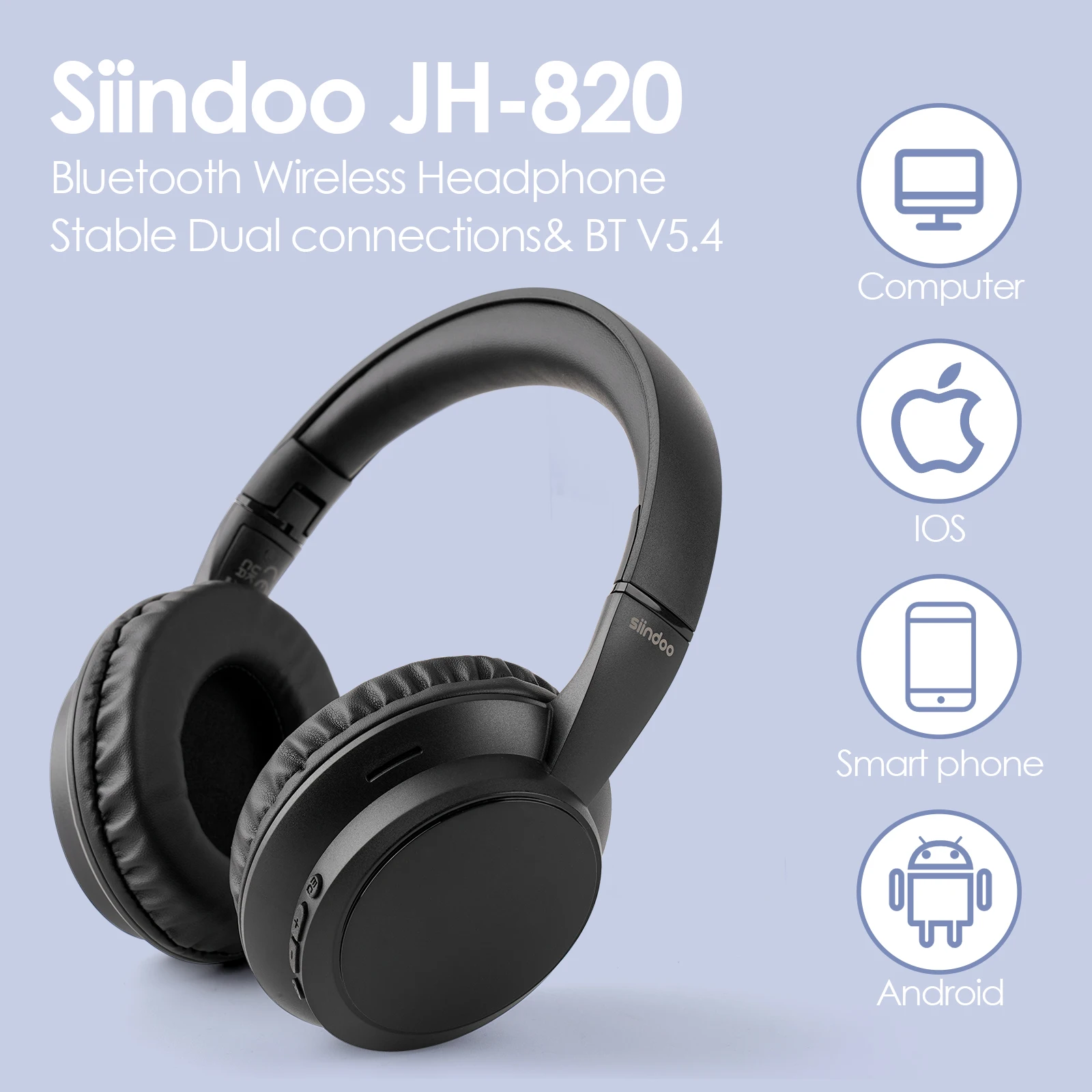 Siindoo JH-820 Wireless Bluetooth Headphones, 60H Playtime,3 EQ Sound Modes,Foldable Lightweight Bluetooth 5.4 for Travel Study 2