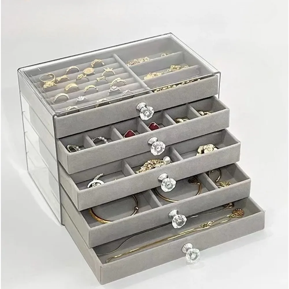 Large Capacity Multi-Layer Elegant Gray Jewelry Box with Earrings & Rings DrawersDust-Proof & Anti-Oxidation Jewelry Storage Box