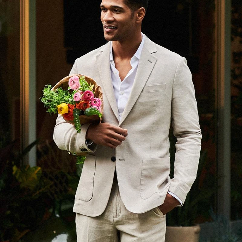

Linen Beach Men Suits Slim Fit Notched Lapel Groom Wedding Tuxedos 2 Pieces Prom Party Blazer with Pants Male Fashion Costume