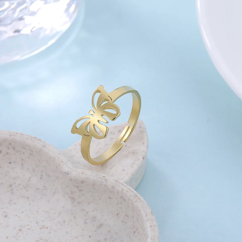 Amaxer for Women's Exquisite Hollow Butterfly Ring Gold Color Stainless Steel Fashion Ring Jewelry Party Friend Gift 6