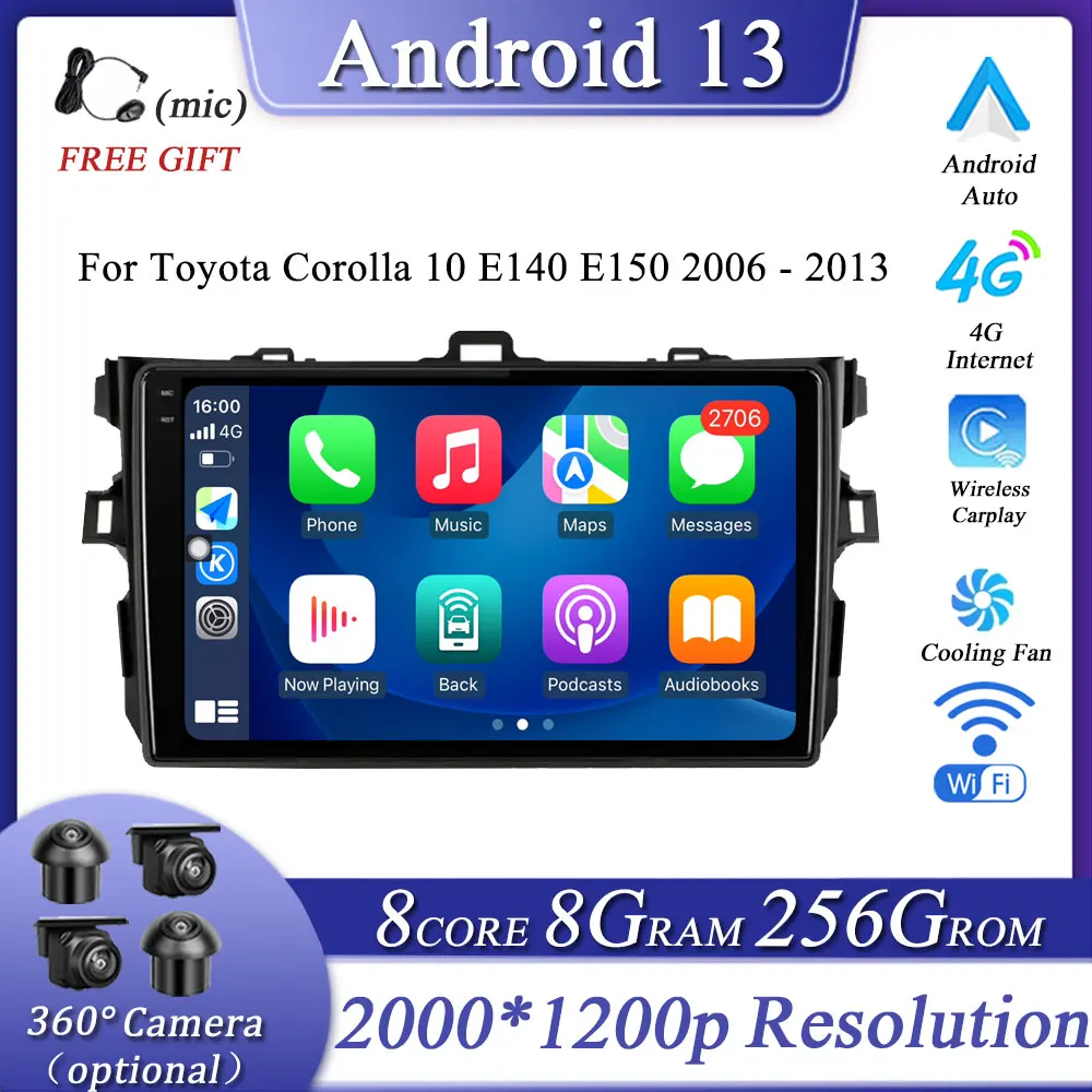 

Автомобильный радиоприемник для Toyota Corolla 10 E140 E150 2006-2013, мультимедийный плеер с навигацией, GPS, Android 13, беспроводной Carplay, Wi-Fi, 4G, BT, DSP