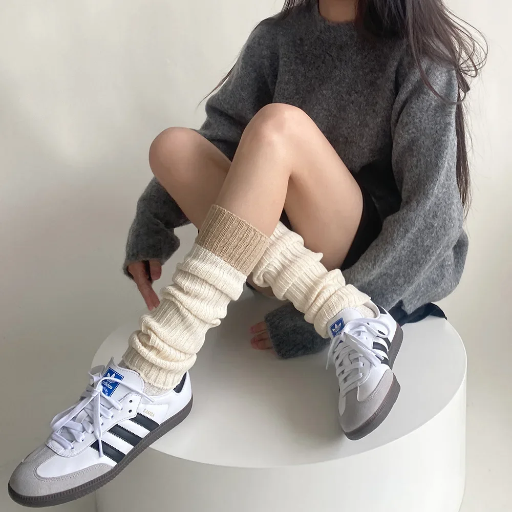 Autumn Winter Women Leg Warmers Knitted Foot Cover Color Matching Long Socks Stocking JK Lolita Girls Cute Leg Warmer Knee Socks