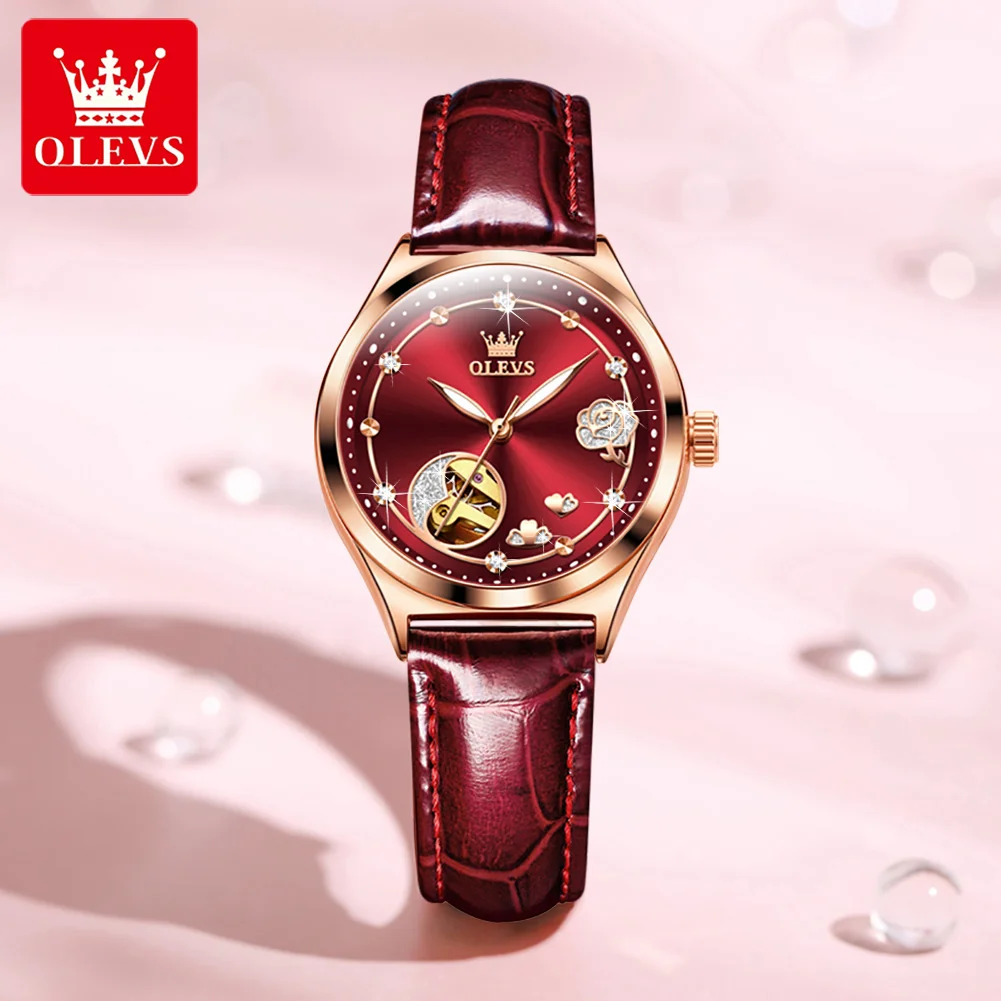 OLEVS Brand Luxury Mechanical Watch Women Leather Strap Waterproof Simple Fashion Gold Hollow Watches Ladies Relojes Para Mujer