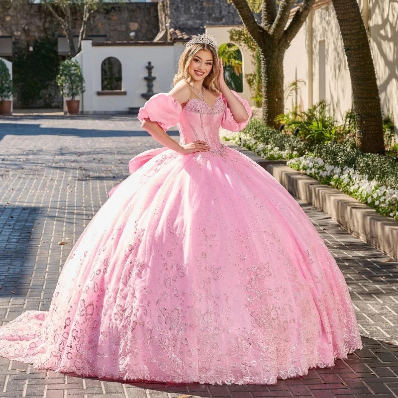 

Pink Shiny Off Shoulder Sweet 15 16 Dress Quinceanera Dresses Ball Gown Tulle Lace Applique Pageant Prom Party Dress Gowns
