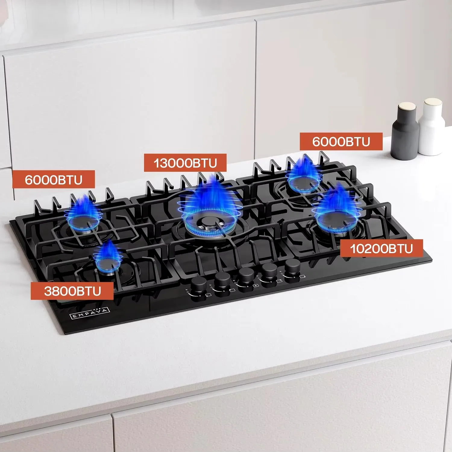 36" Bulit-in Tempered Glass Gas Cooktops 5 Italy Imported Sabaf Burners Stove Tops, 36 Inch, Black 3