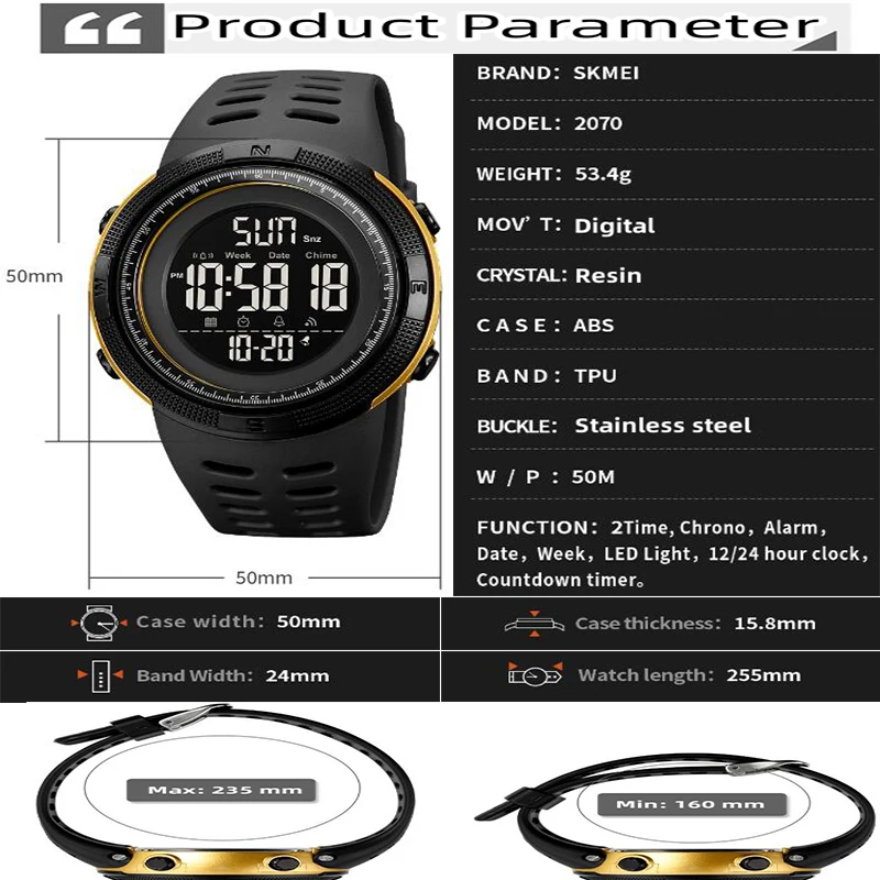 Skmei Dual Time Zone Mens Military Sports Watch 12/24 Hour Format Fashion TPU Band Big Size Dial Led Swimming Digital Wristwatch 3