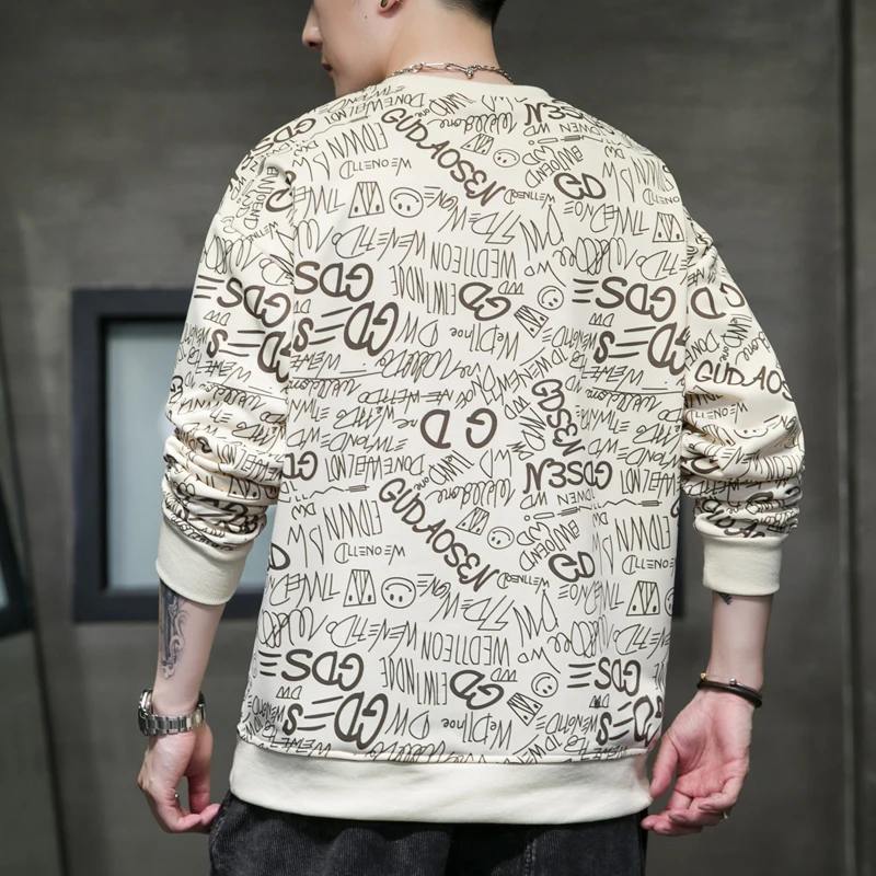 Men\'s Spring Autumn Round Neck Pullover Geometric Shape Letter Printed Lantern Long Sleeve Sports Hoodies T-shirt Undershirt Top