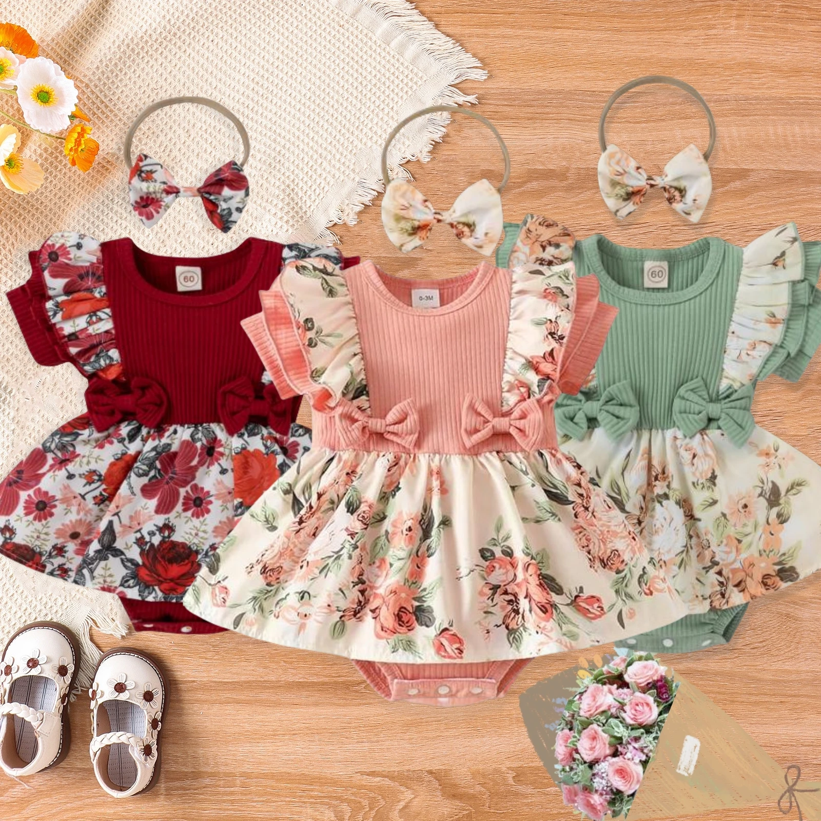 Summer Baby Girl Dress With Bowknot headband Striped Jumpsuit Cotton Dress For Newborn Floral Clothes Baby Crawling Clothes Best Sellers In Babies & Kids