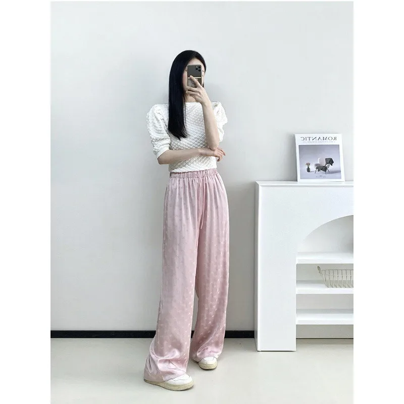 Acetate Satin Ice Silk Wide-leg Pants Summer High-waisted Loose Slim Design Straight-leg Cool Trousers Casual Pants for Women