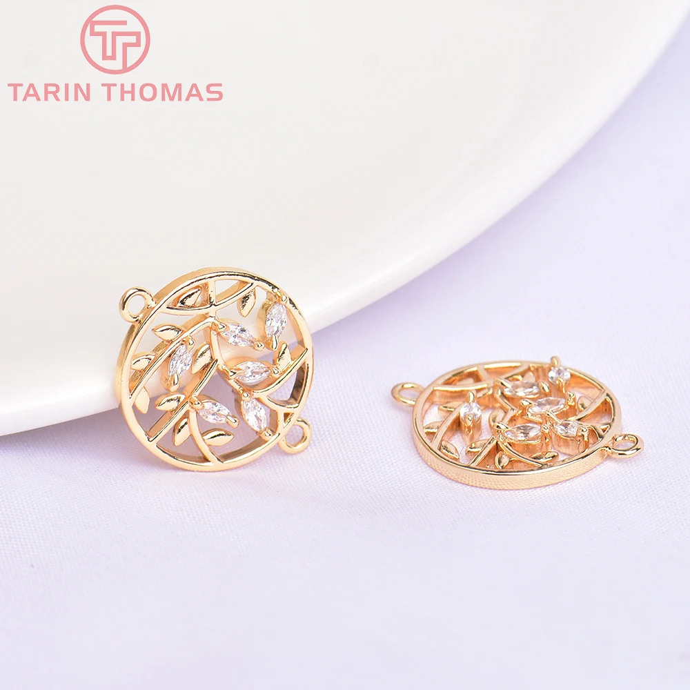 5714) 4PCS 14.5MM 24K Gold Color Brass with Zircon Round