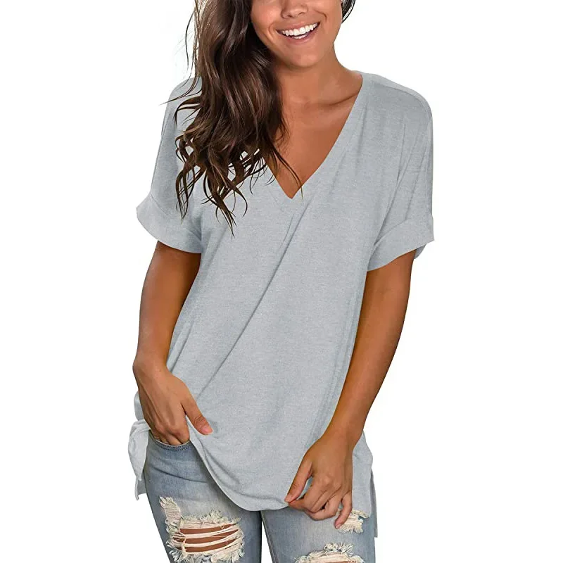 

Amazon summer 2023 new style explosive V-neck solid color short-sleeved blouse loose womens t-shirt gray22