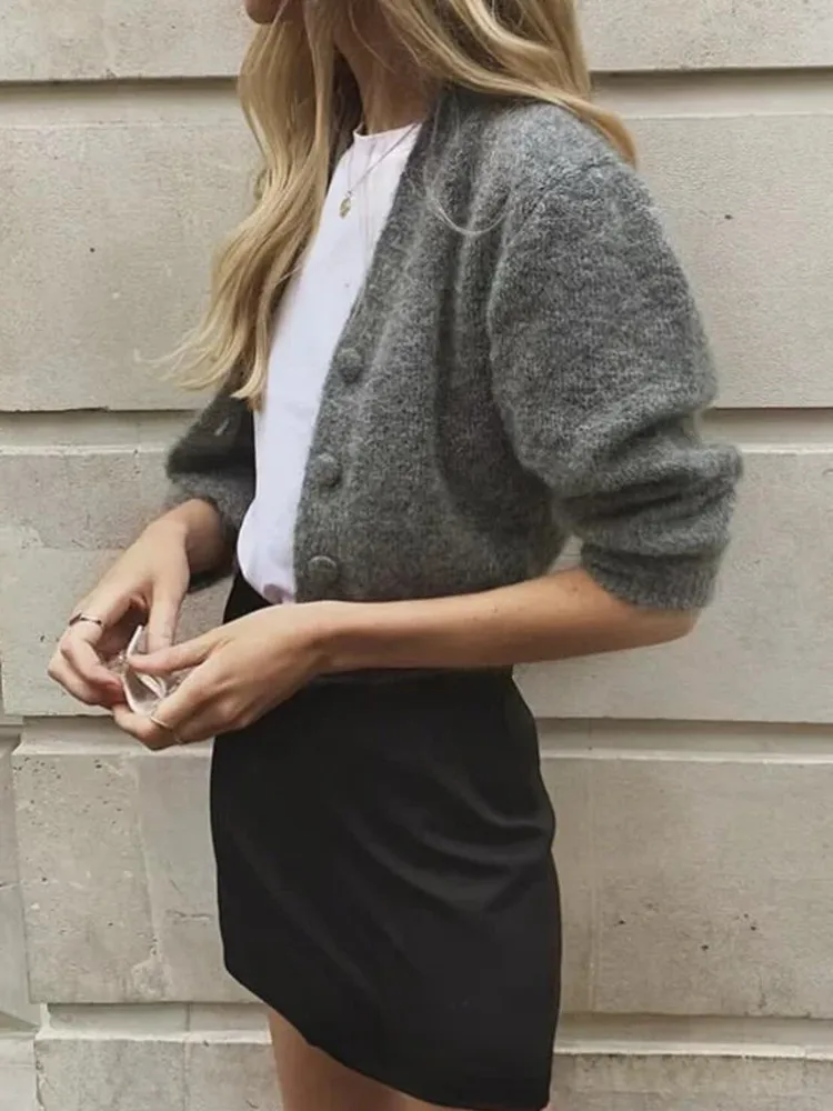 Retro Pink Center buttons Knitted Women Cardigan Gray Vintage French Puff Sleeve Cropped Sweaters Casual Jumper Knit