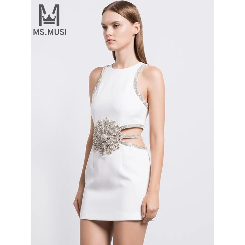 

Новинка 2024, модное женское сексуальное платье-Холтер MSMUSI с цветочным рисунком, кристаллами, вырезами, без рукавов, Бандажное облегающее мини-платье