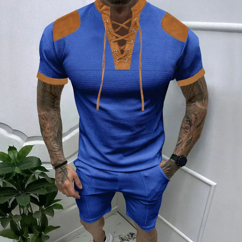 Summer American Retro Loose Casual Men's Wear Suit Elegant Fashion Handsome Splicing V Neck Tie Short Sleeve Shorts Chic Tops