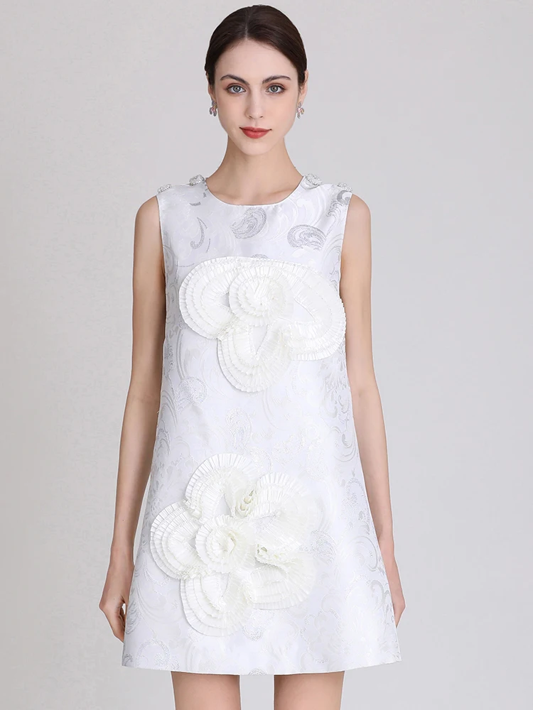 

MoaaYina Fashion Designer Spring Summer Woman's dress Sleeveless Appliques Office Lady White Mini Dresses