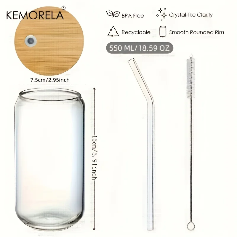Can Shaped Glass Cups with Bamboo Lids & Glass Straws - 18.6oz (540ml) Drinkware for Beer, Iced Coffee, Wine & Cocktails
