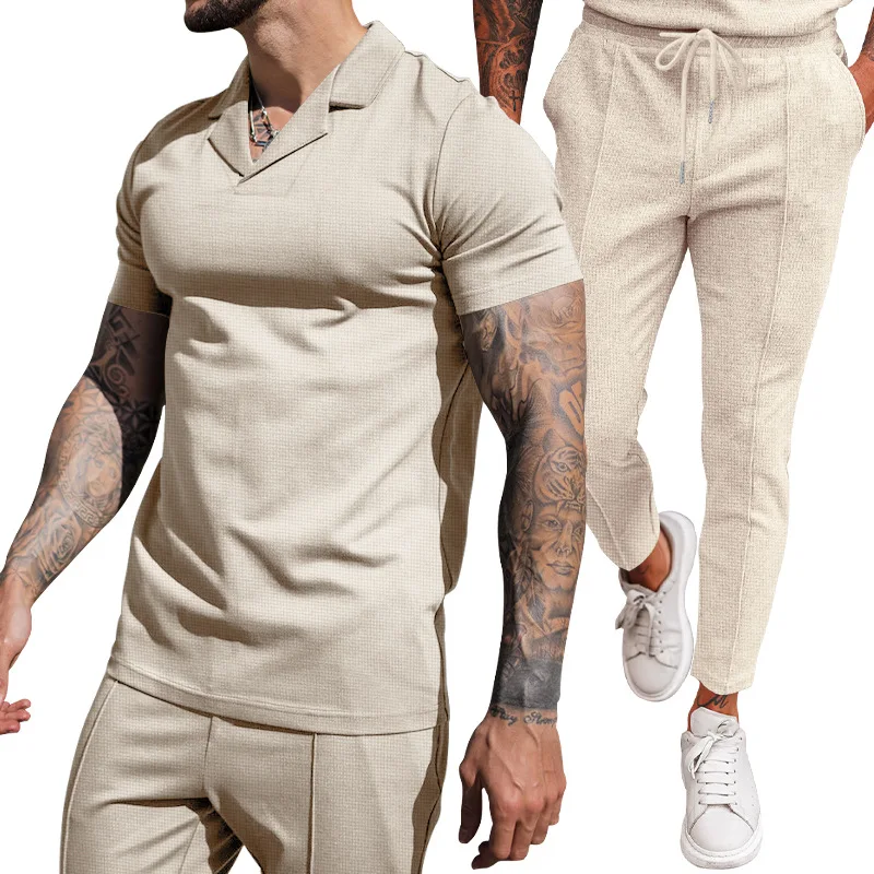 2024 Foreign Trade Summer New Waffle V-neck Casual Polo Collar Men's Short Sleeved Long Pants Set Men's Clothing 2