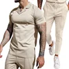 2024 Foreign Trade Summer New Waffle V-neck Casual Polo Collar Men's Short Sleeved Long Pants Set Men's Clothing 2